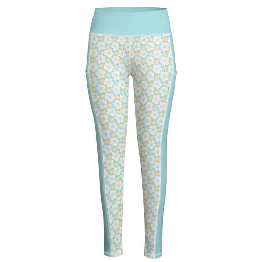 Women's Tropical Floral Blue and Yellow Pickleball Leggings With Side Pockets
