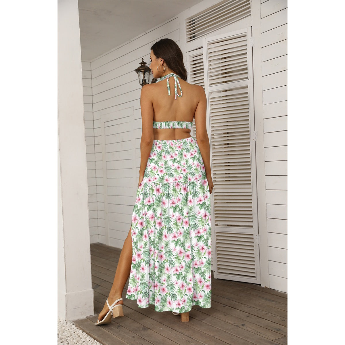 Tropical Floral Print Women's Tie Back Wrap Dress