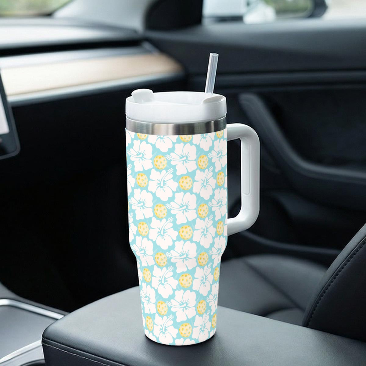 Pickleball Floral Blue and Yellow 40 oz Drink Tumbler With Handle