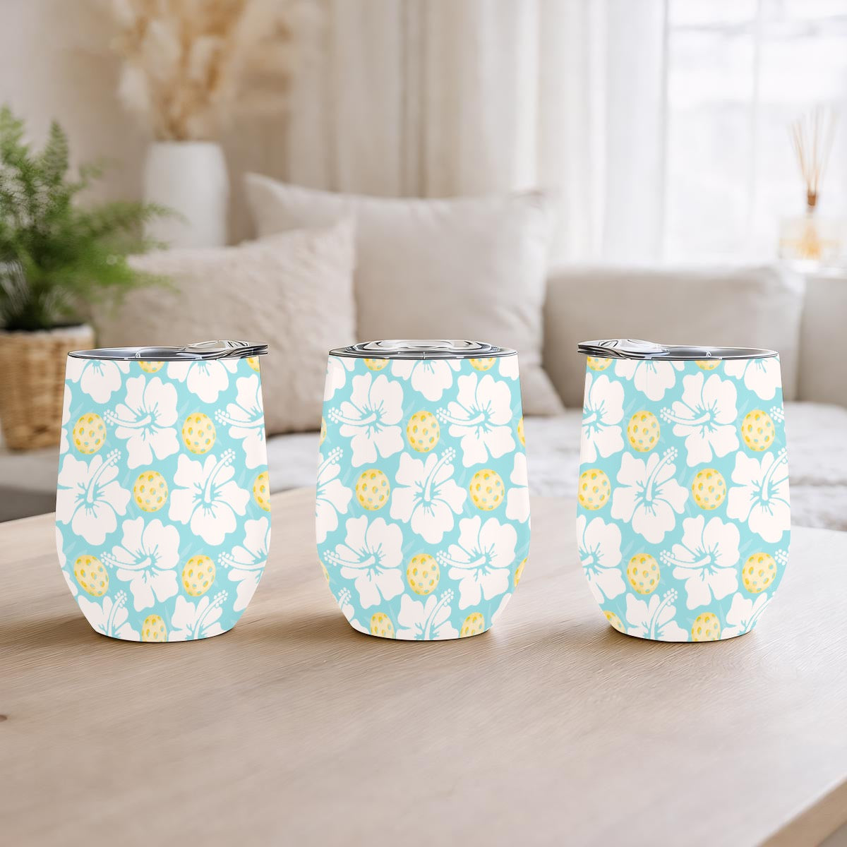 Pickleball Floral Aqua Blue Stainless Steel Stemless Insulated Wine Tumbler Printed in USA|12OZ