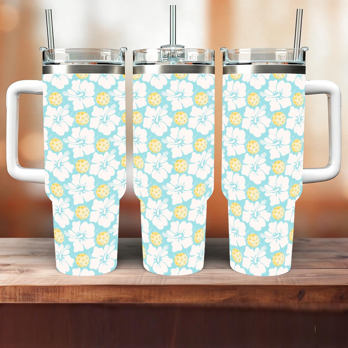 Pickleball Floral Blue and Yellow 40 oz Drink Tumbler With Handle
