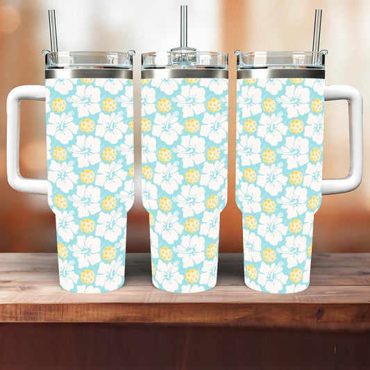 Pickleball Floral Blue and Yellow 40 oz Drink Tumbler With Handle