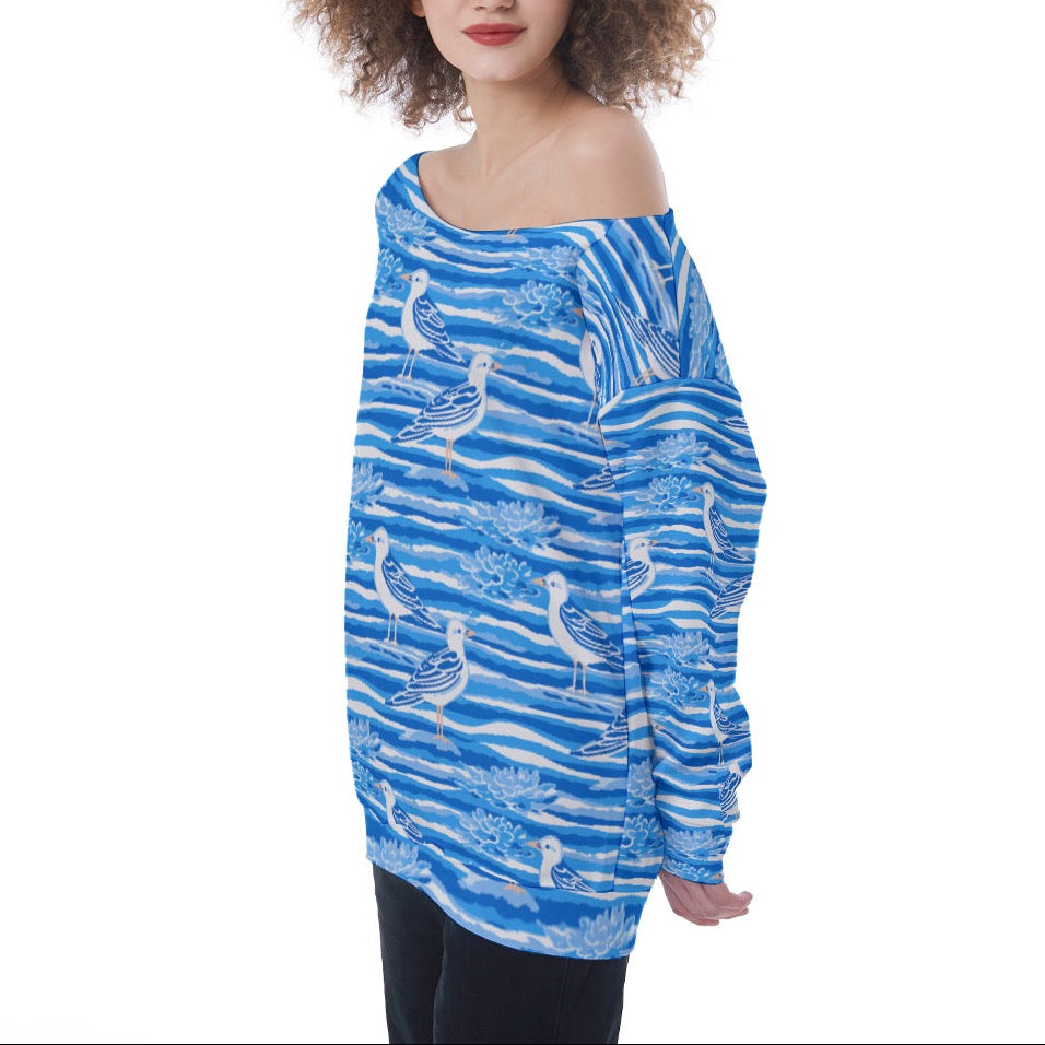 Seagull Blue and White Oversized Women's Off-Shoulder Sweatshirt