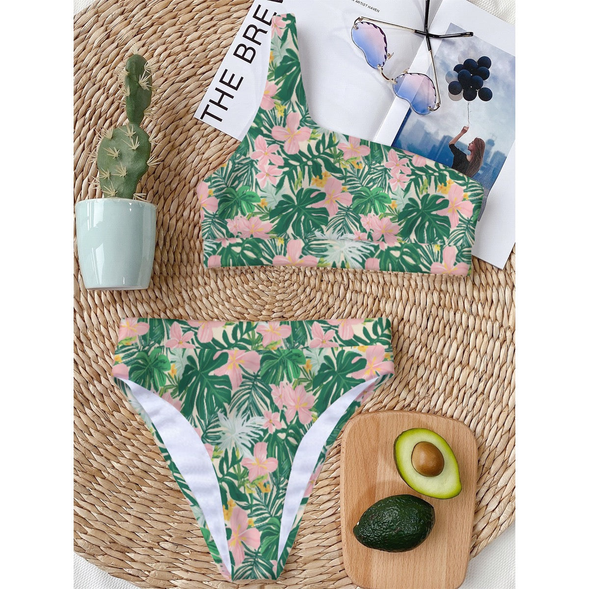 Monstera Pink floral Print Women's Bikini With Single Shoulder
