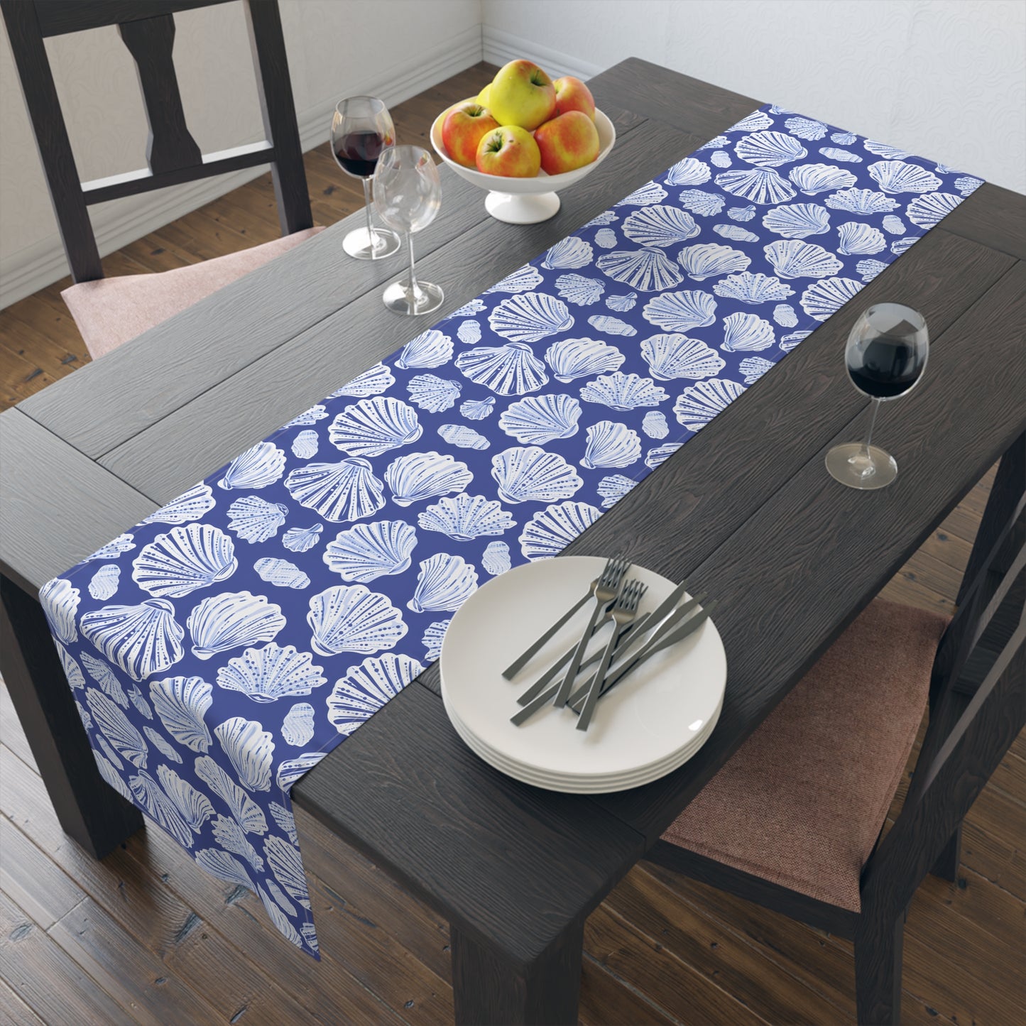 Coastal Seashell Navy Blue Table Runner — Cotton-Blend Beach Dining Decor