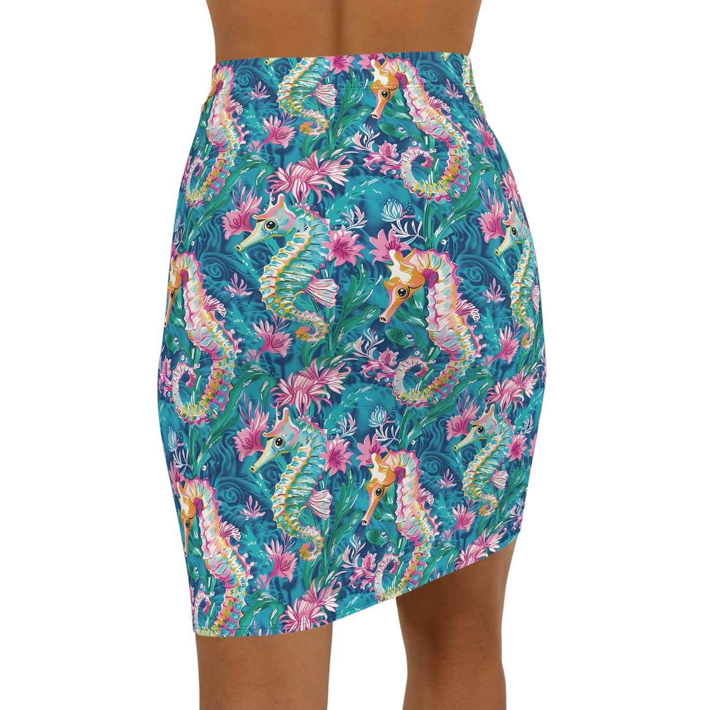 Seahorse Floral Pencil Skirt — Tropical Ocean Print Mid-Waist Skirt