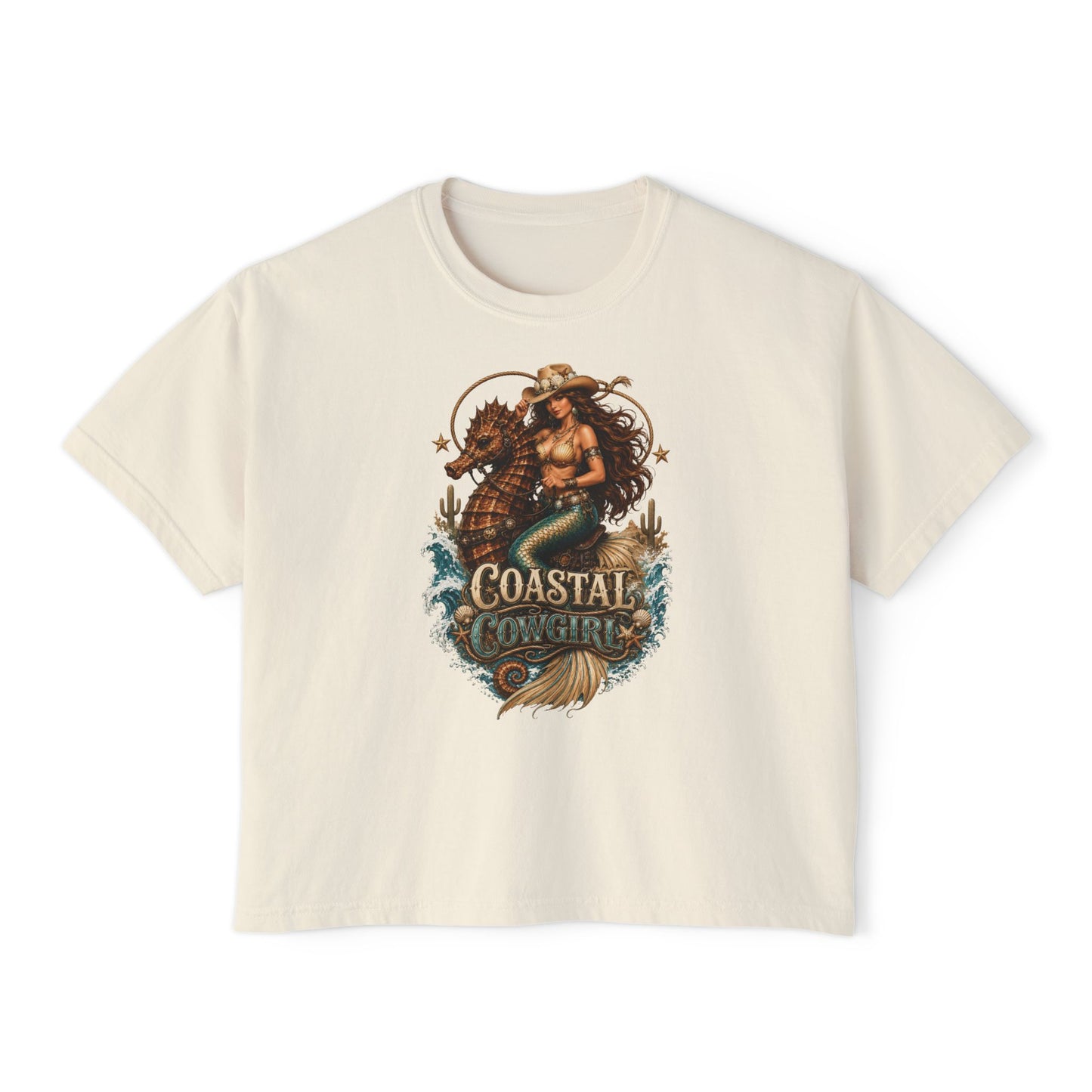 Coastal Cowgirl Women's Boxy Tee — Graphic Mermaid Cowgirl Beach Shirt