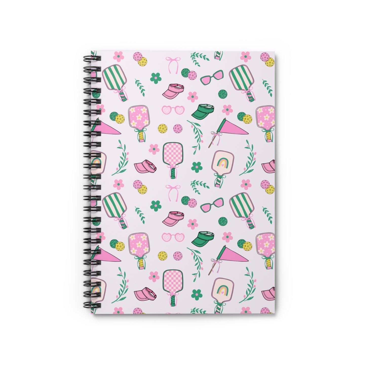 Summer Pickleball Pattern Spiral Notebook — Cute Pink Ruled Journal