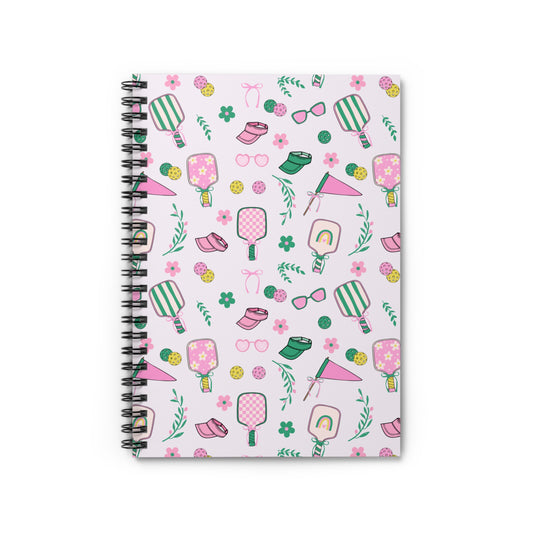 Summer Pickleball Pattern Spiral Notebook — Cute Pink Ruled Journal