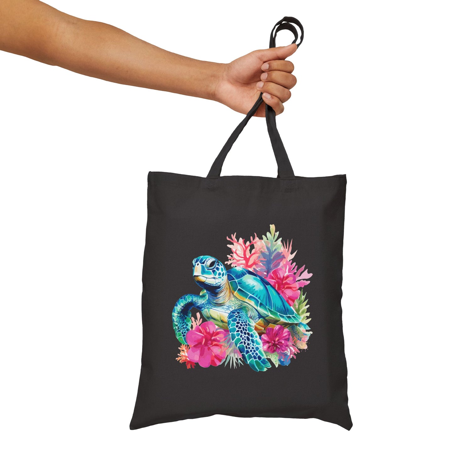 Sea Turtle Floral Canvas Tote — Eco-Friendly Beach Bag