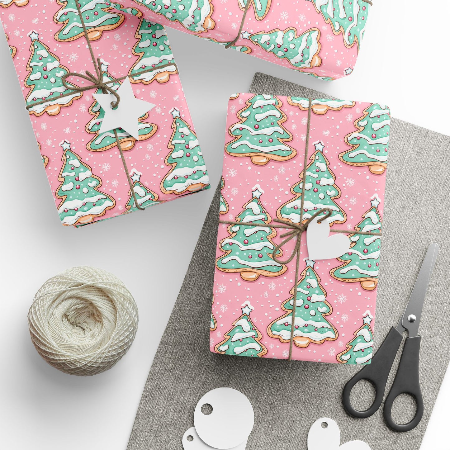 Christmas Tree Cookie Pink and Mint Green Wrapping Paper Roll — Cute Pastel Holiday Gift Wrap