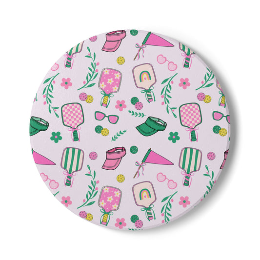 Preppy Pink Pickle Ball Ceramic Coaster — Retro Summer Pattern