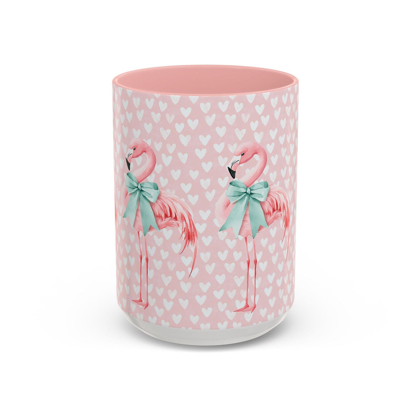 Pink Flamingo Heart Pattern Accent Coffee Mug – Cute Valentine’s Day 11/15oz Ceramic
