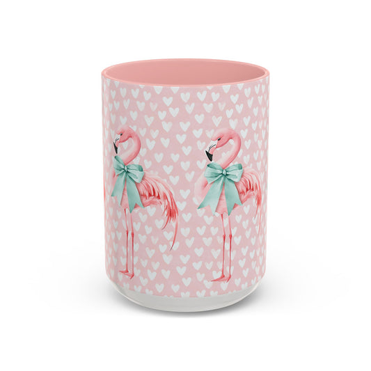Pink Flamingo Heart Pattern Accent Coffee Mug – Cute Valentine’s Day 11/15oz Ceramic