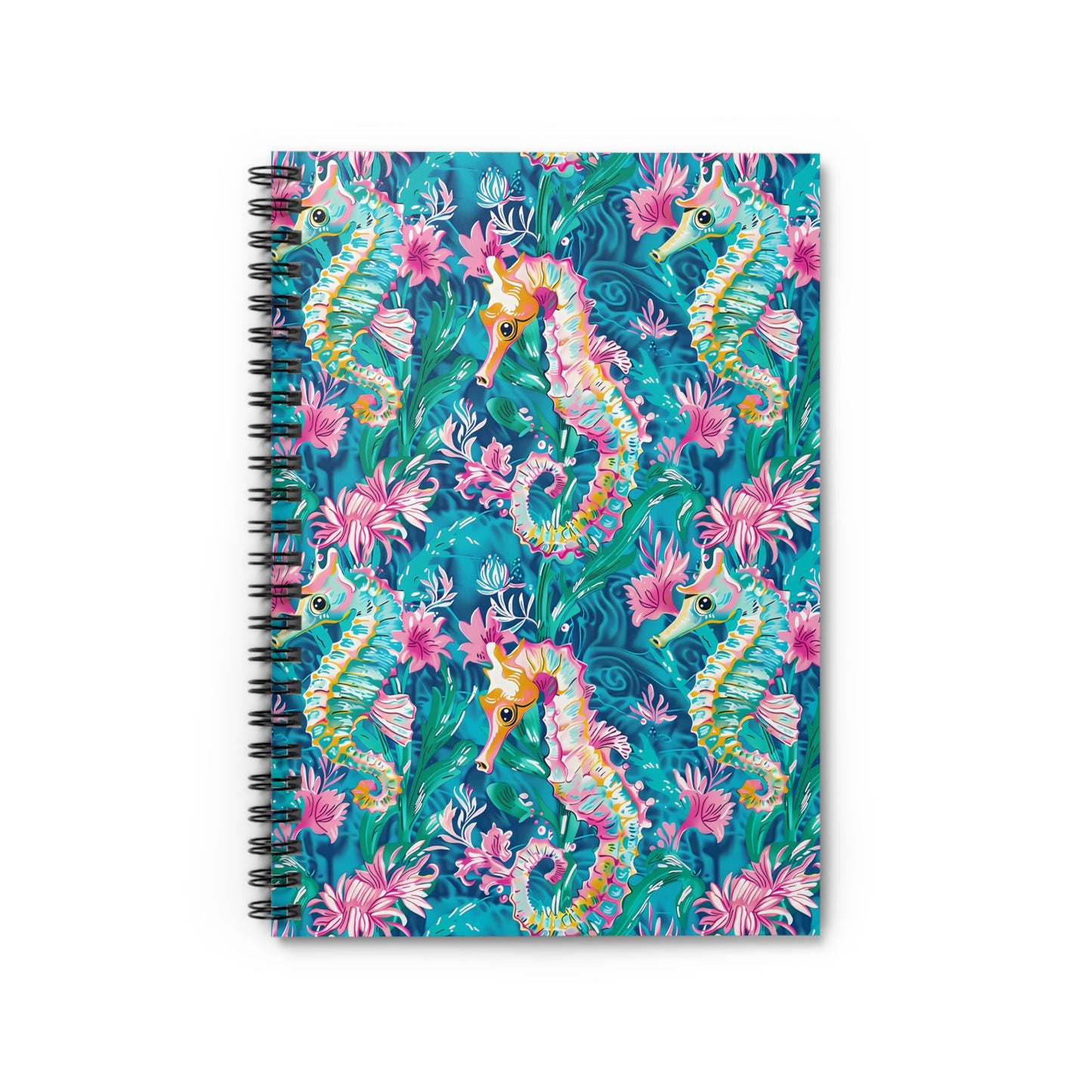 Blue Seahorse Floral Spiral Notebook — Ruled Journal for School & Beach Notes