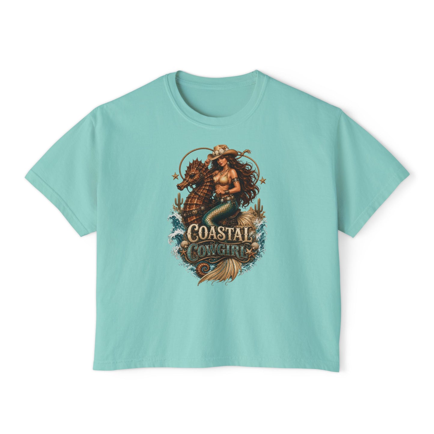 Coastal Cowgirl Women's Boxy Tee — Graphic Mermaid Cowgirl Beach Shirt