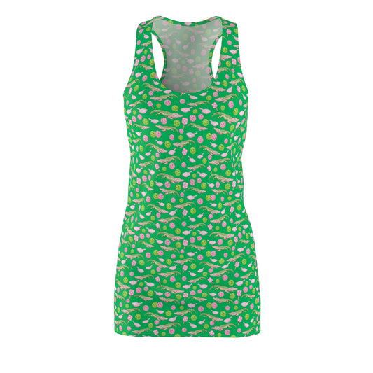 Green  and Pink Pickleball Racerback Dress — All-Over Print Summer Sundress
