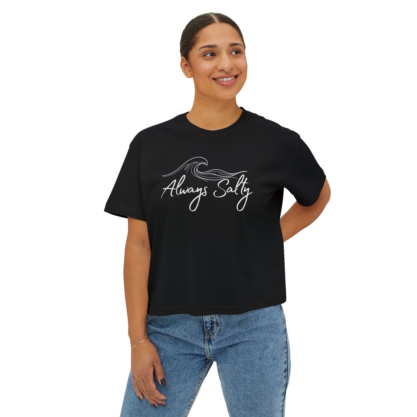Women's Tee — "Always Salty" Wave Graphic Boxy Crop T-Shirt