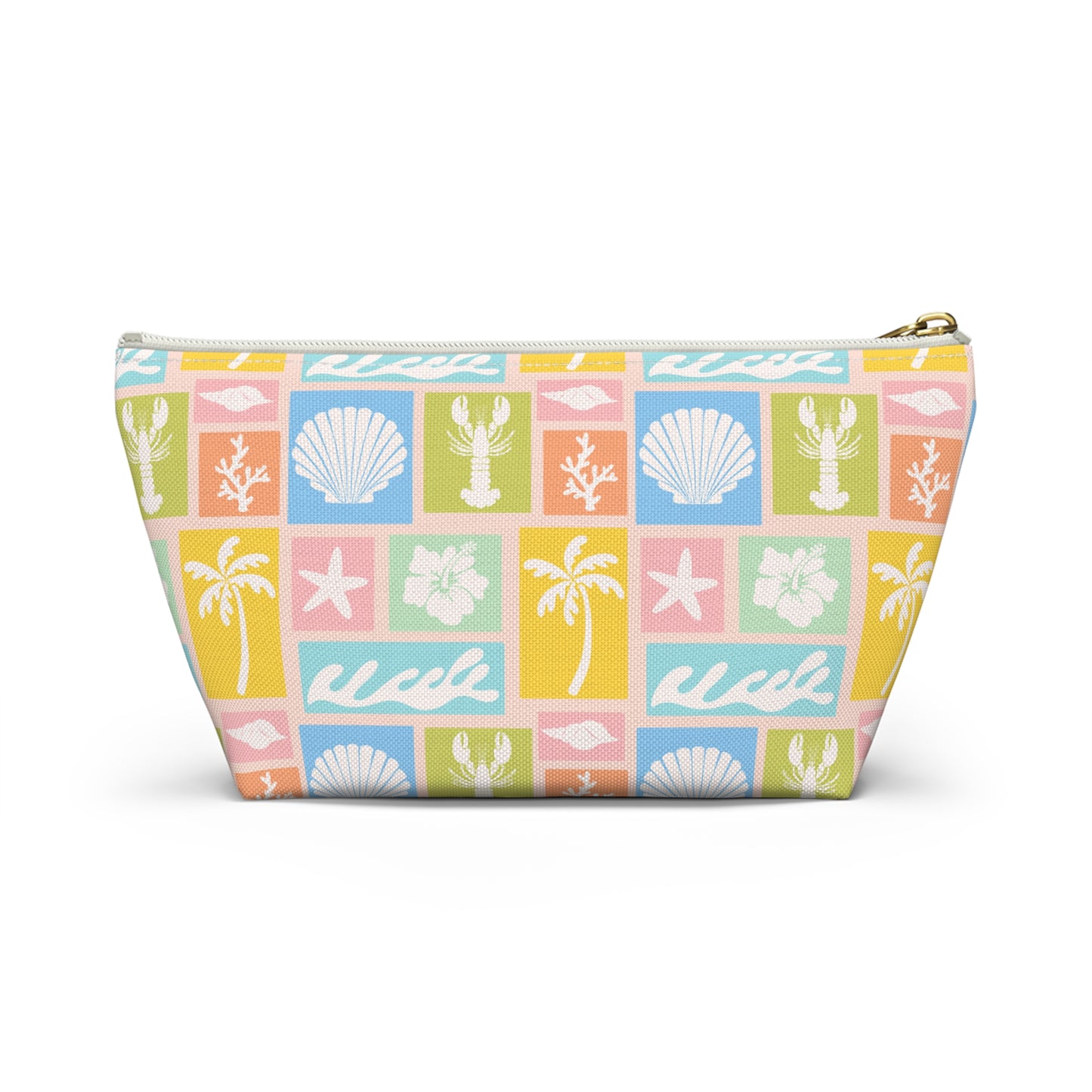 Seaside Patchwork Accessory Pouch — Pastel Beach Shell & Palm Makeup Bag