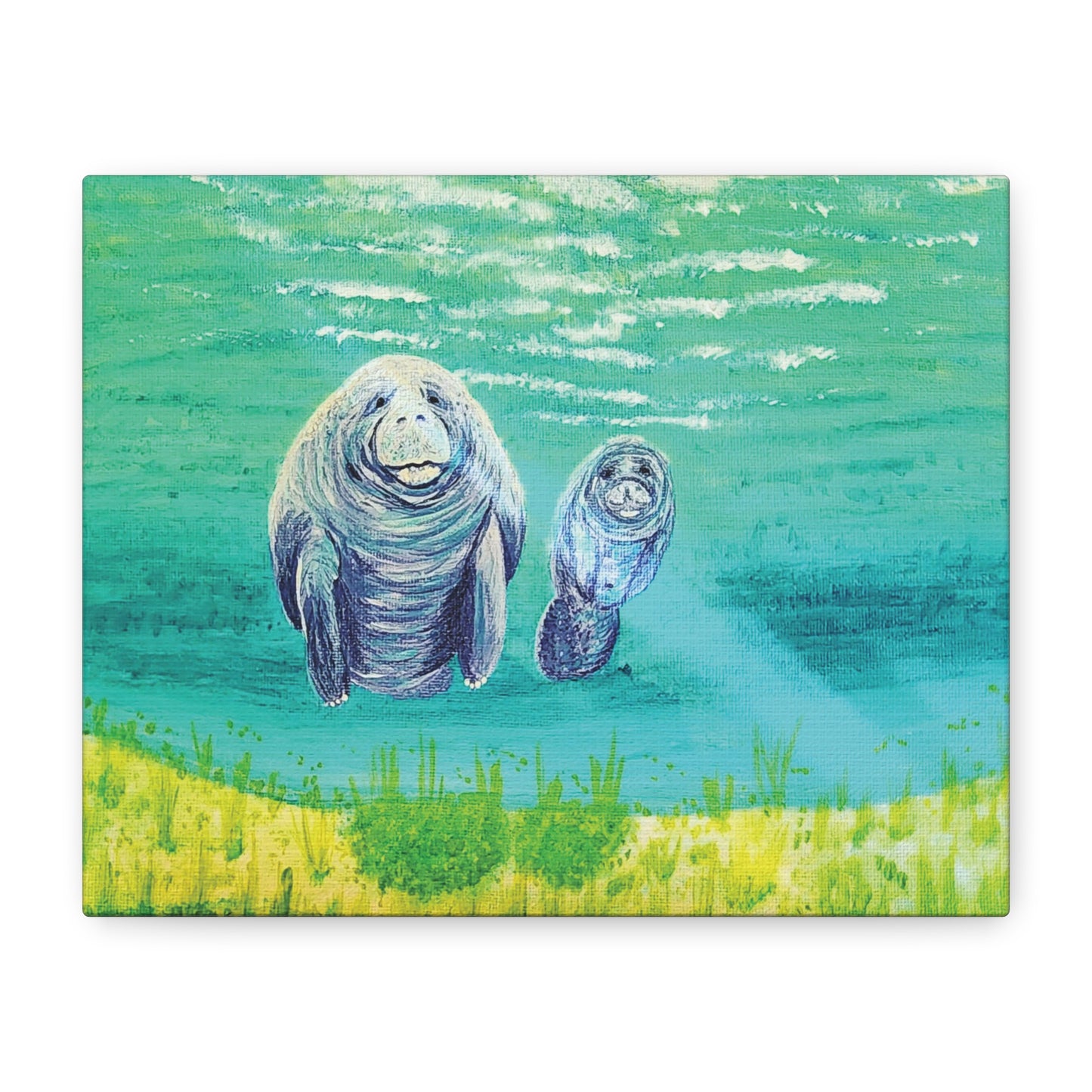 Manatee Mom and Calf Matte Canvas Print — Tropical Ocean Wildlife Wall Art