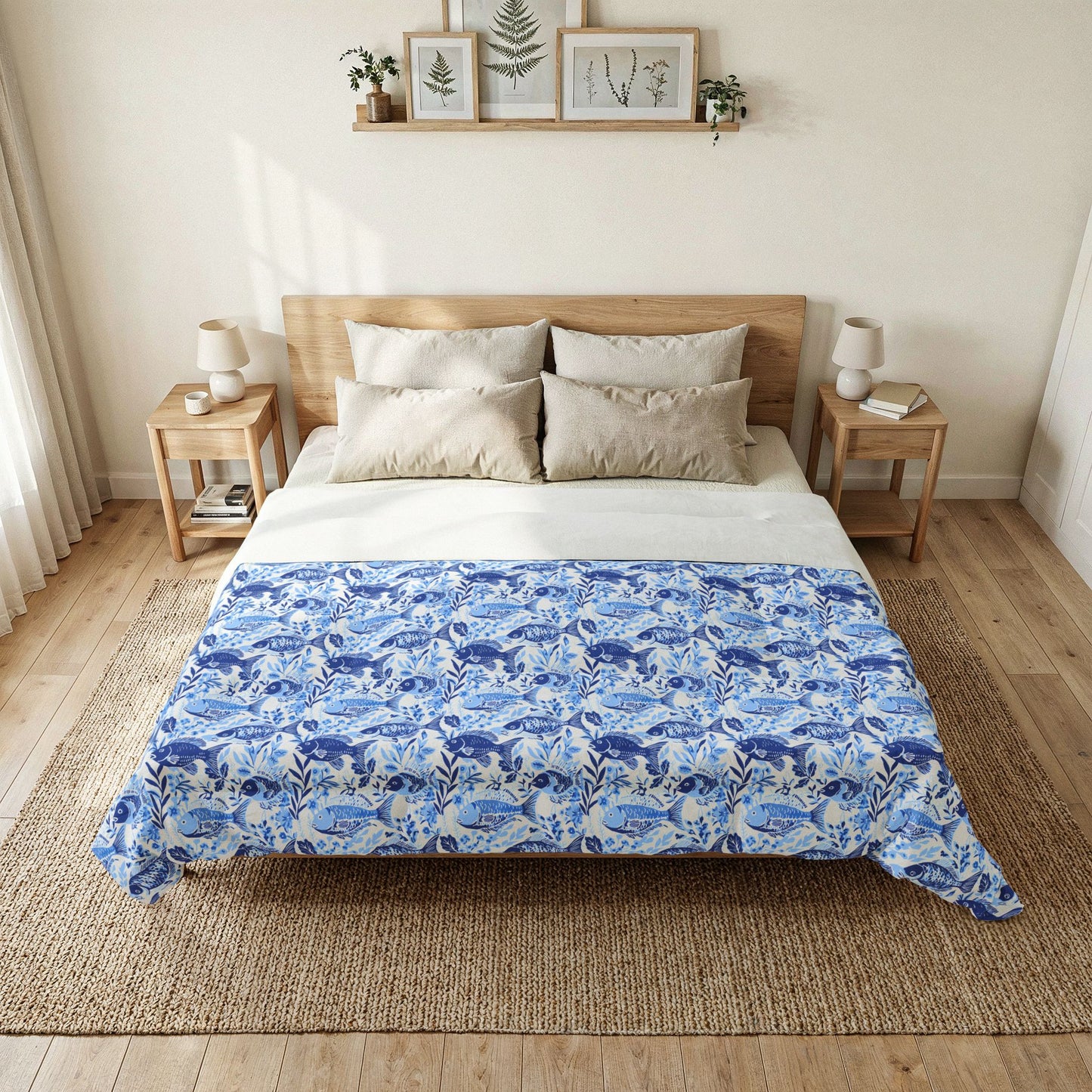 Blue Watercolor Fish Comforter — Lightweight Cotton Bedspread with Chinoiserie Style Floral Pattern