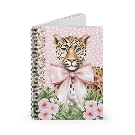 Grand Millennial Preppy Leopard Bow Spiral Notebook — Floral Pink Hearts Ruled Journal