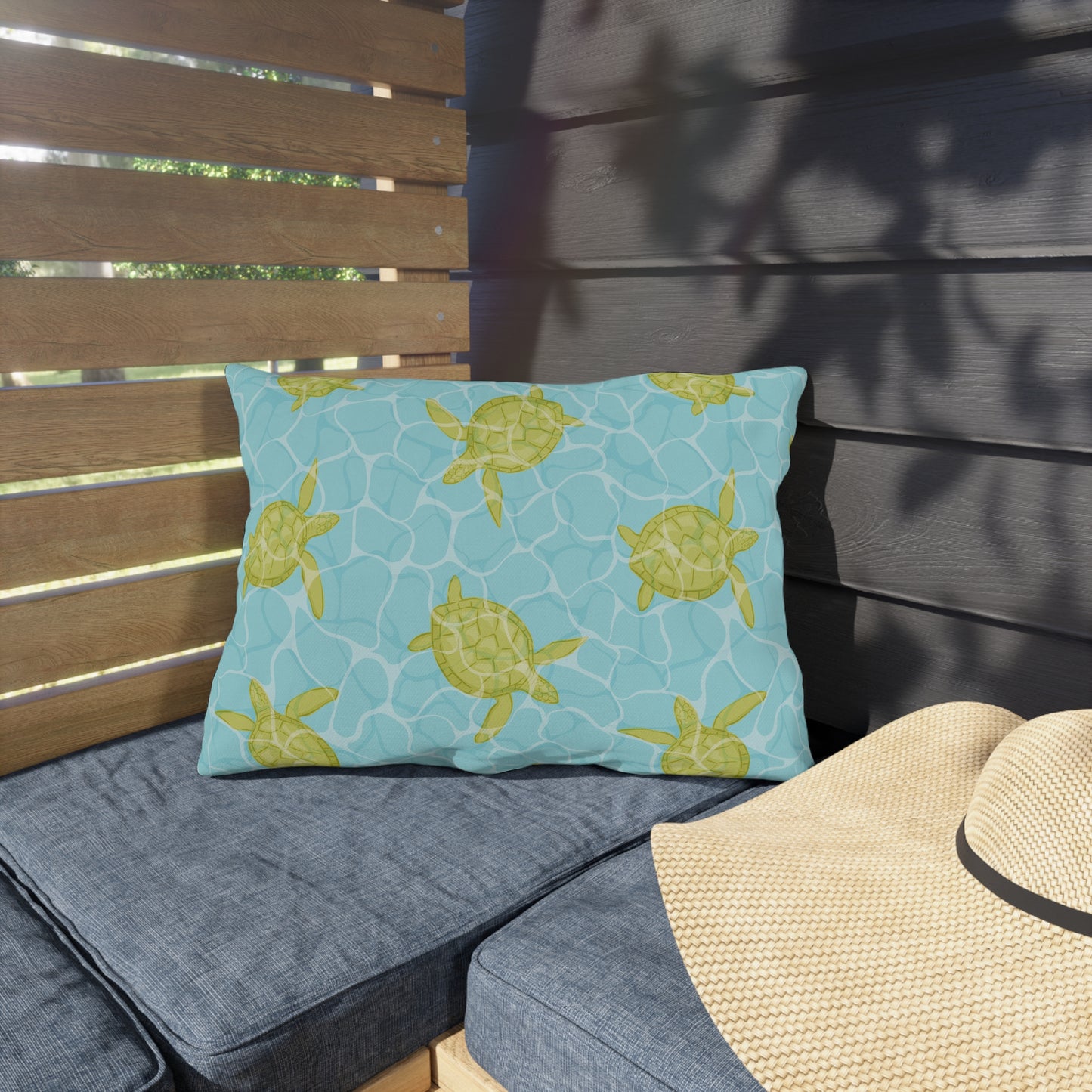 Sea Turtle Pool-Print Outdoor Pillow — Coastal Beach Patio Cushion