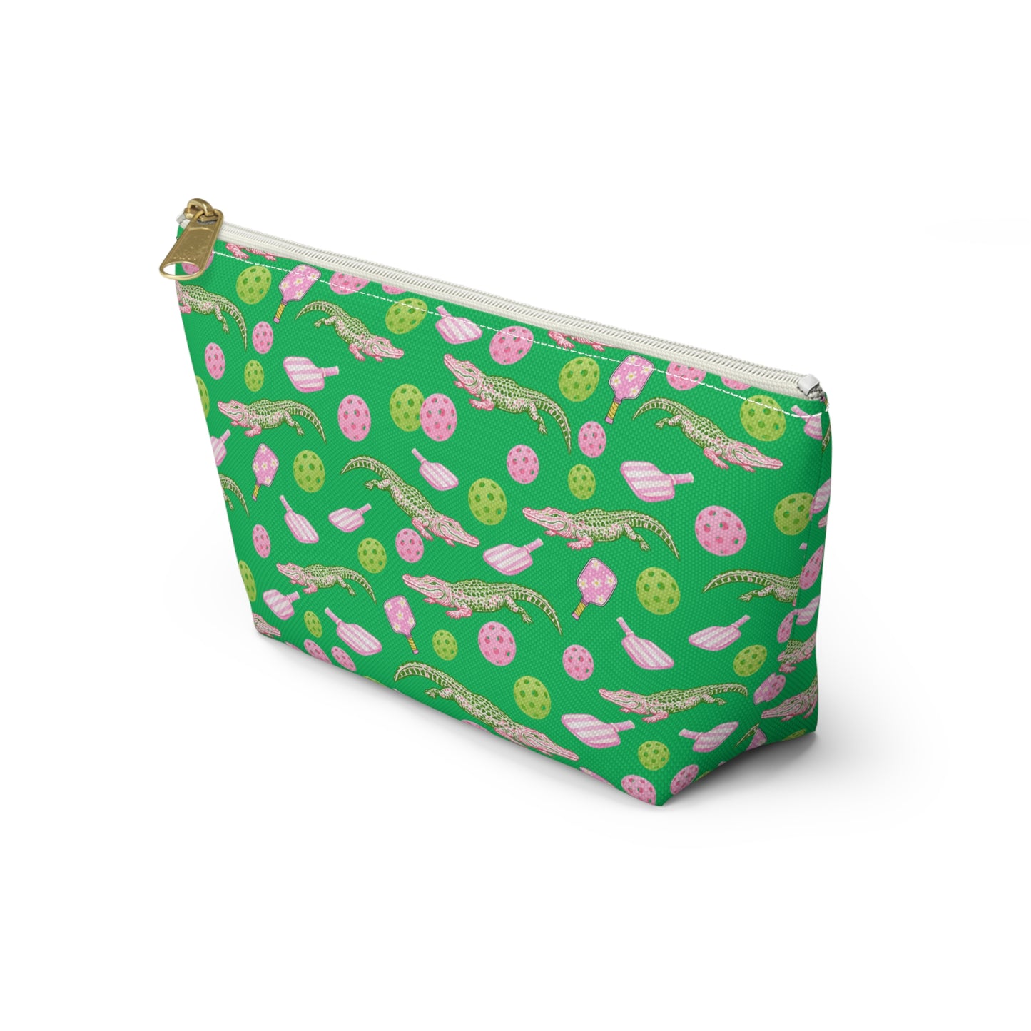 Alligator & Pickleball Paddle Pattern Accessory Pouch — Green T‑Bottom Cosmetic Bag
