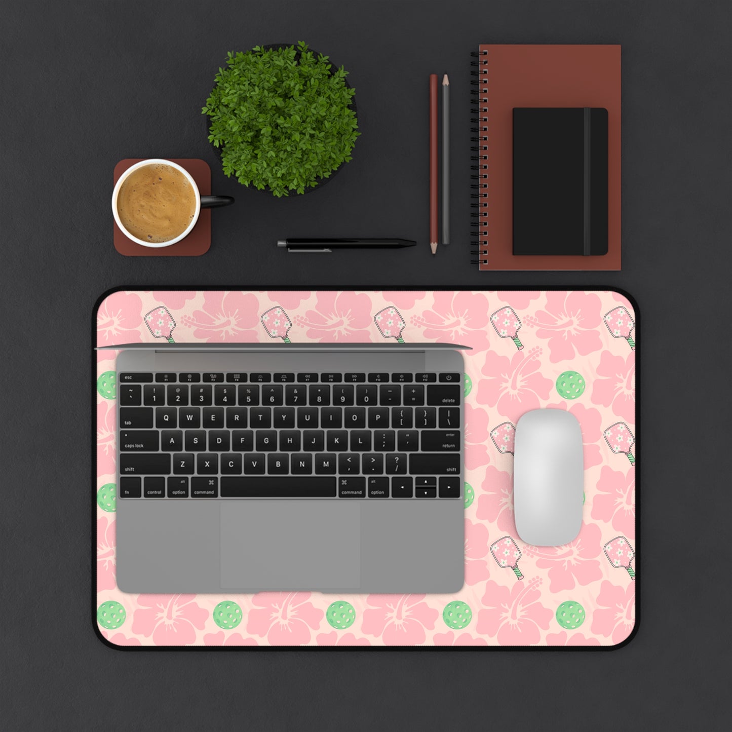 Pink and Green Pickleball Floral Desk Mat — Cute Hibiscus & Pickleball Pattern Mouse Pad