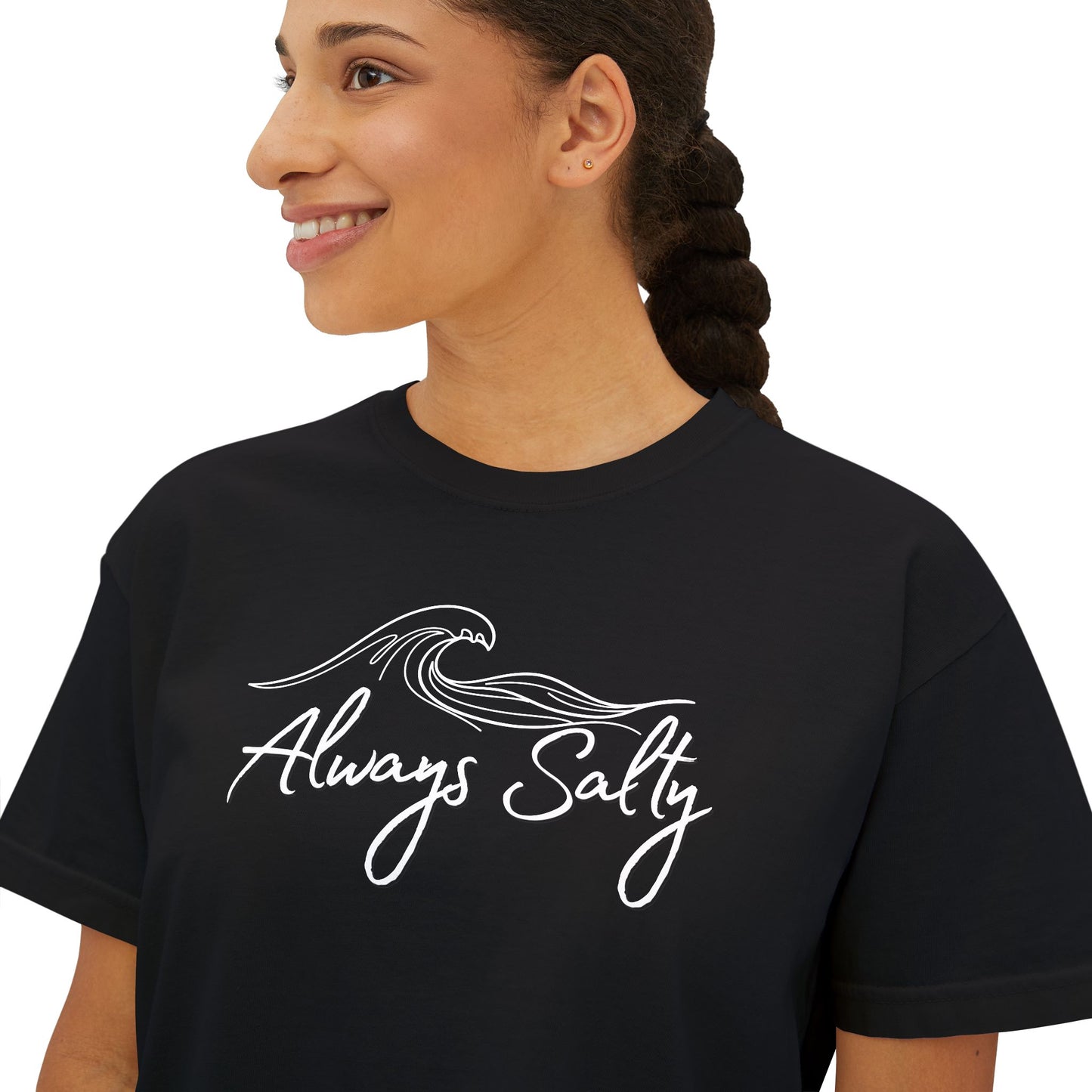 Women's Tee — "Always Salty" Wave Graphic Boxy Crop T-Shirt