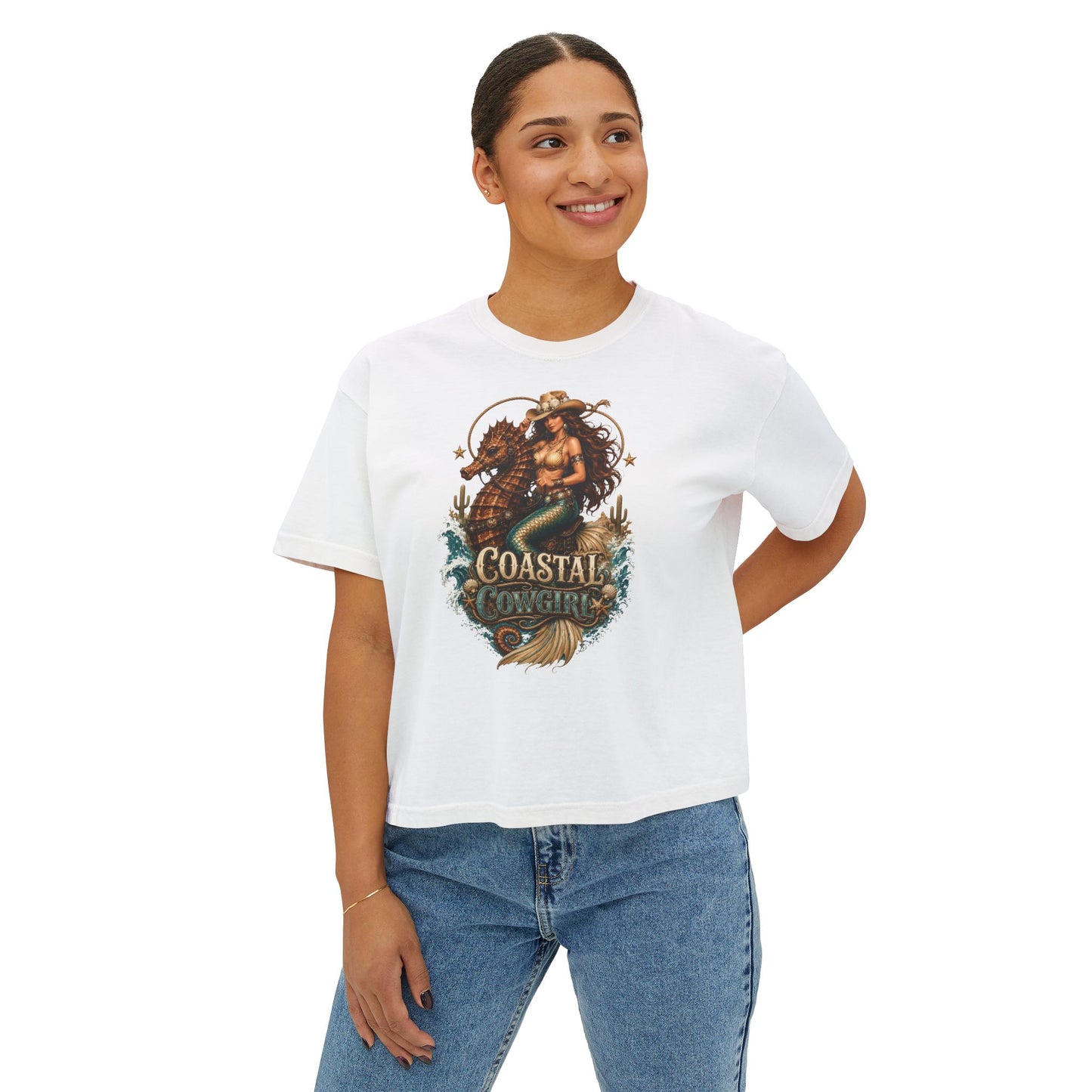 Coastal Cowgirl Women's Boxy Tee — Graphic Mermaid Cowgirl Beach Shirt
