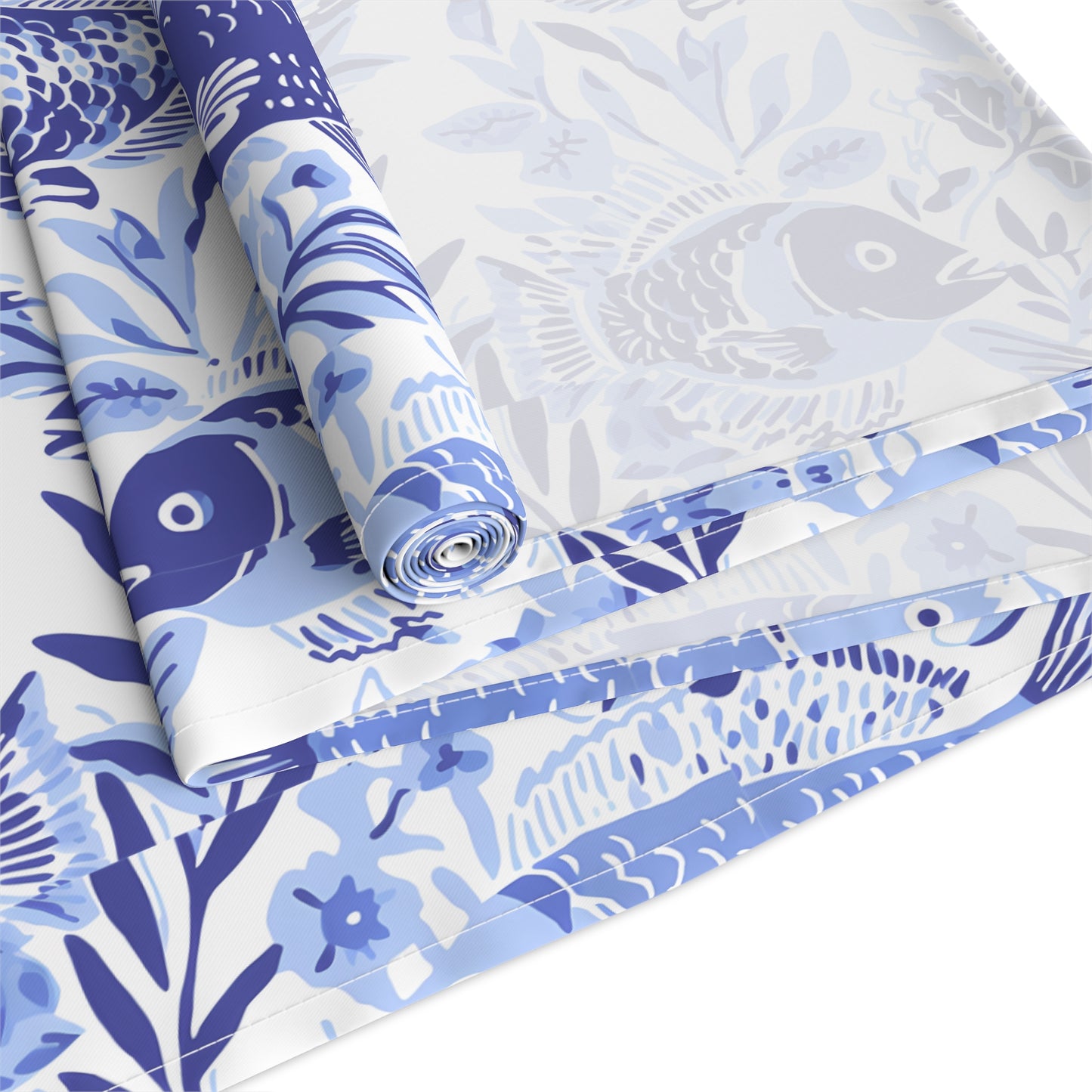 Blue Fish Pattern Navy Table Runner — Coastal Cotton-Poly Dining Decor