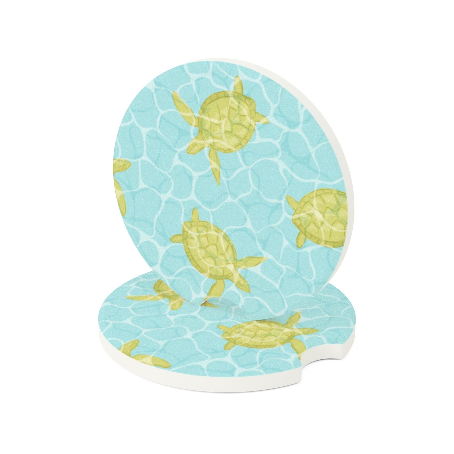 Sea Turtle Soapstone Car Coaster — Coastal Beach Water Pattern