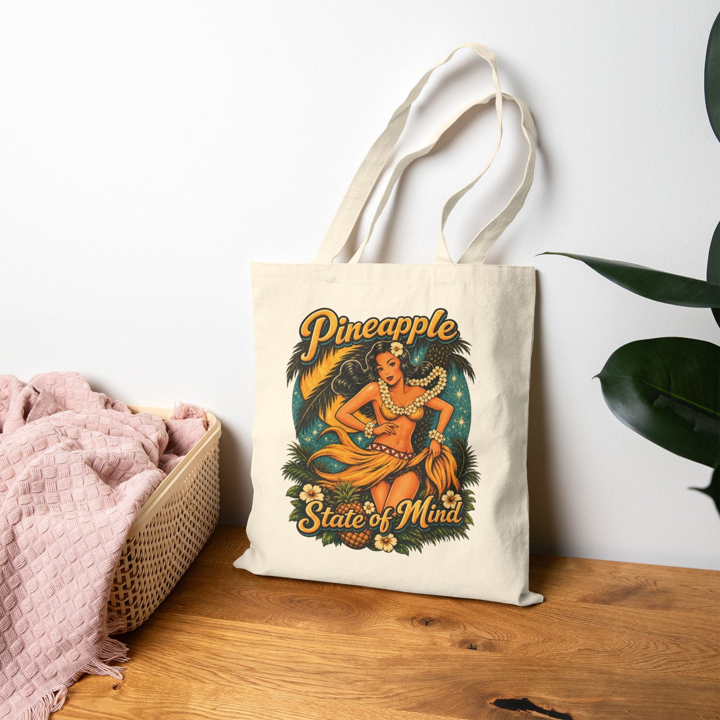 Pineapple Stat of Mind Tote Bag — Vintage Pineapple Hula Girl Canvas Tote Bag