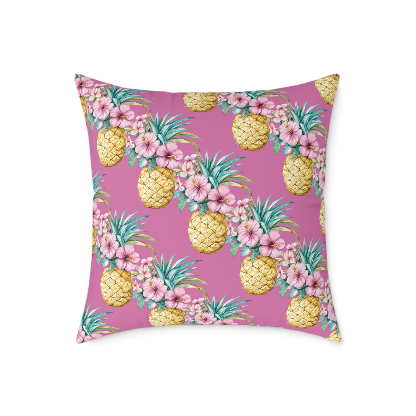 Pineapple Hibiscus Square Pillow — Tropical Floral Decorative Throw Pillow