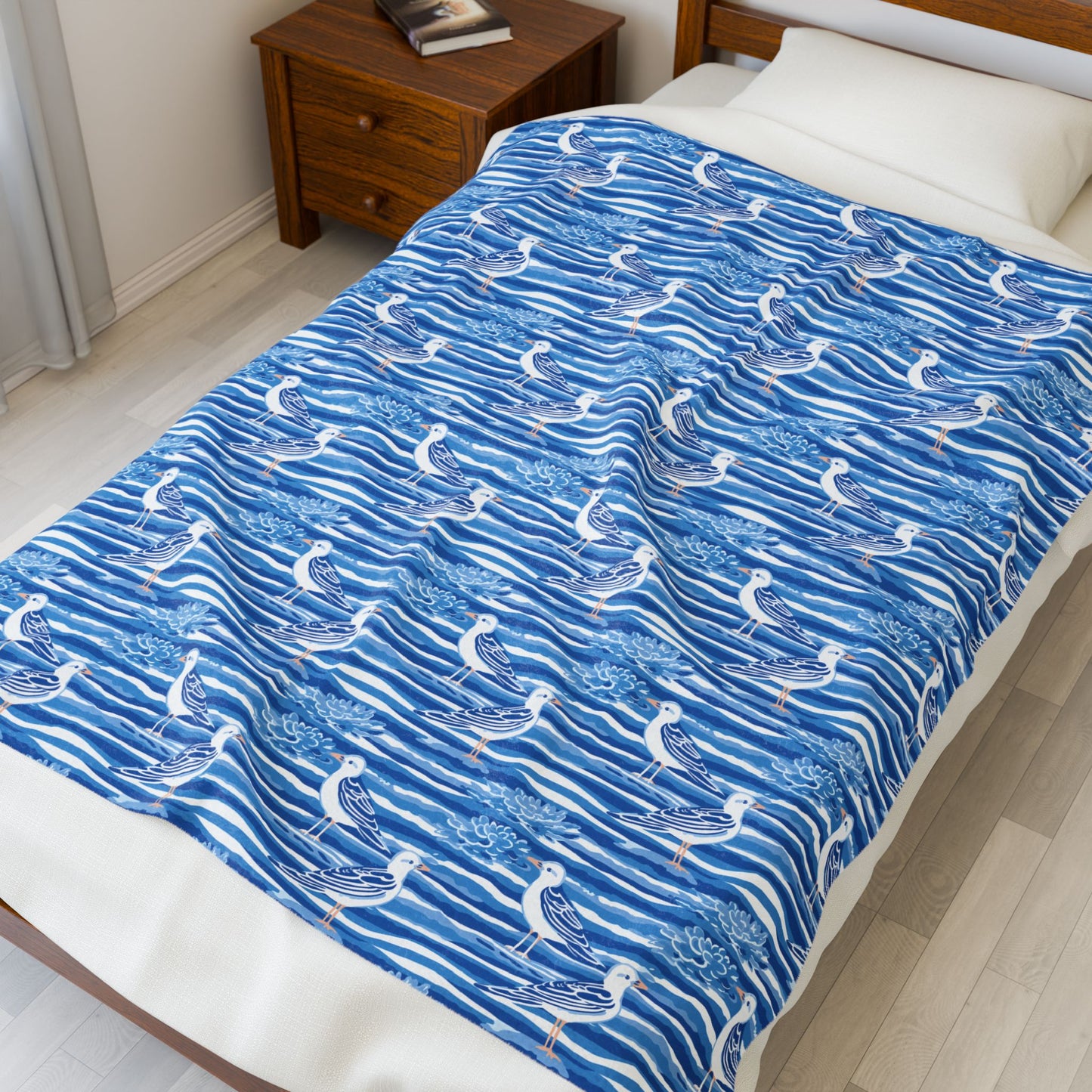 Blue Seagull Velveteen Plush Blanket – Coastal Nautical Throw