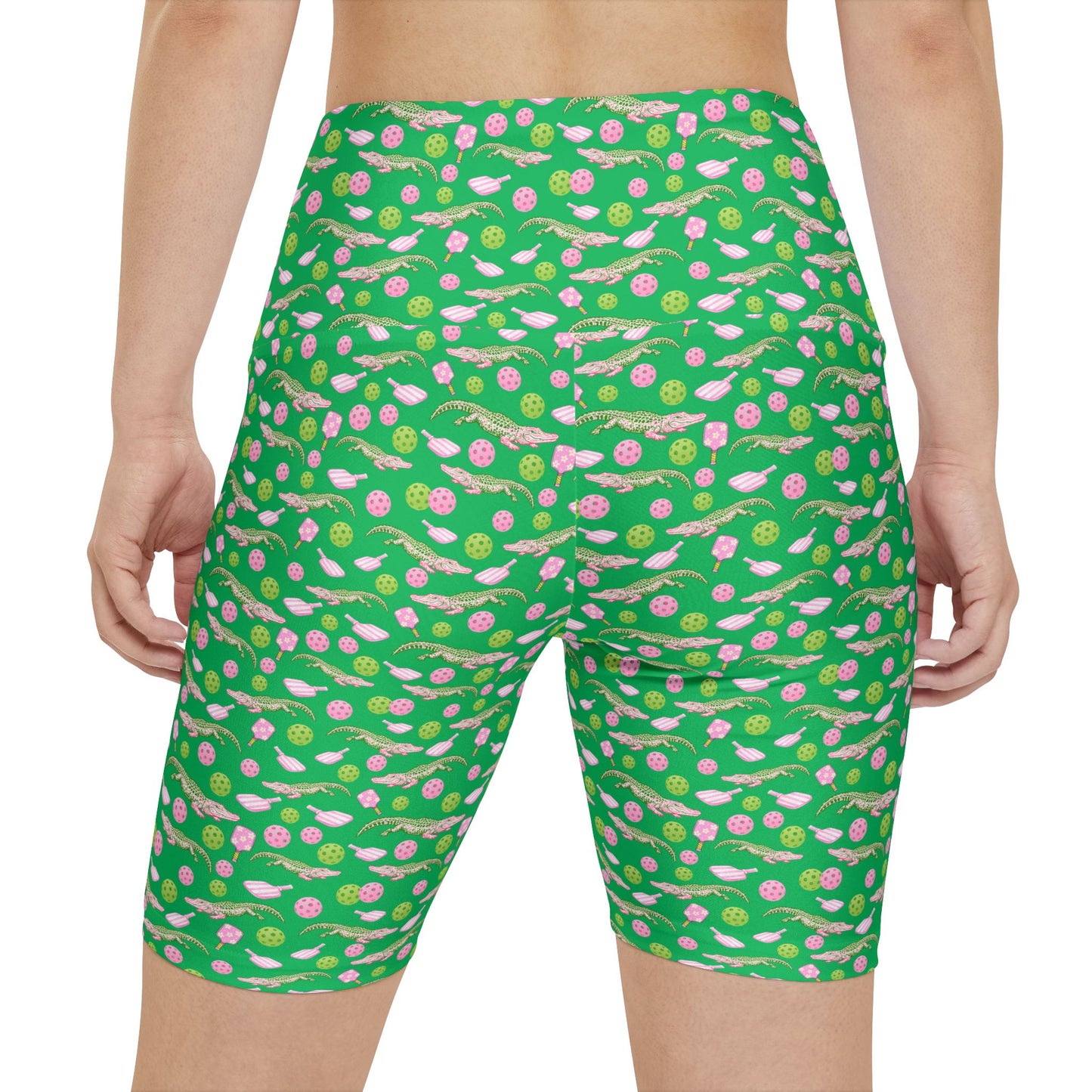 Green Alligator Pink Pickleball Print Bike Shorts – Women's High-Waist Workout Shorts