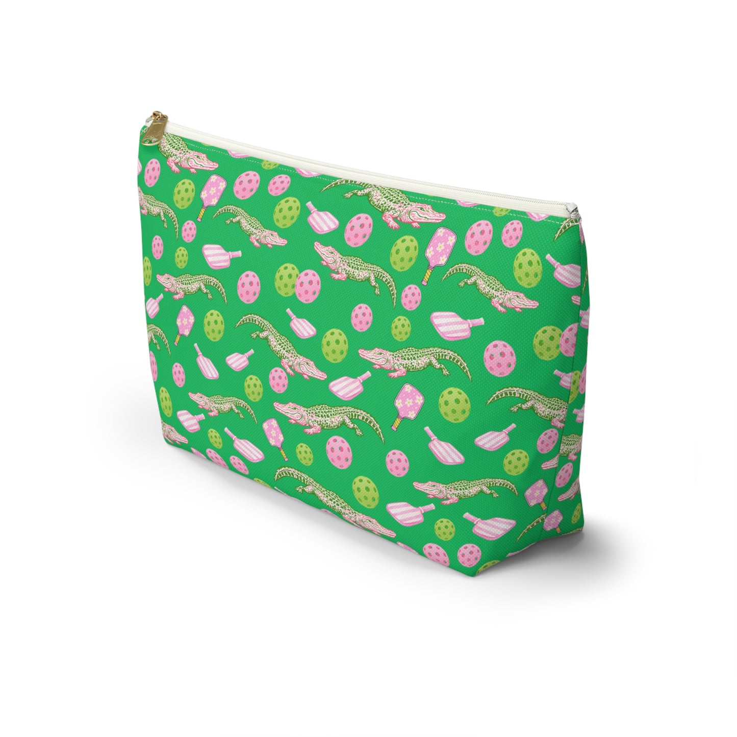 Alligator & Pickleball Paddle Pattern Accessory Pouch — Green T‑Bottom Cosmetic Bag
