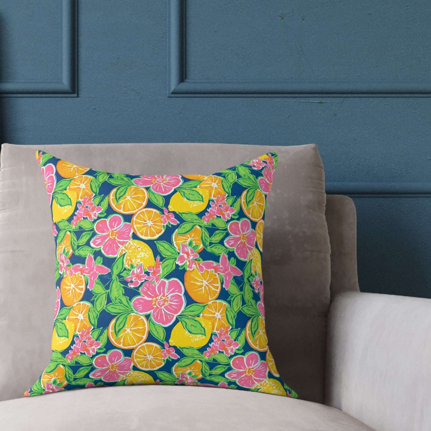 Citrus Blossom Square Pillow — Bright Tropical Floral Throw Cushion