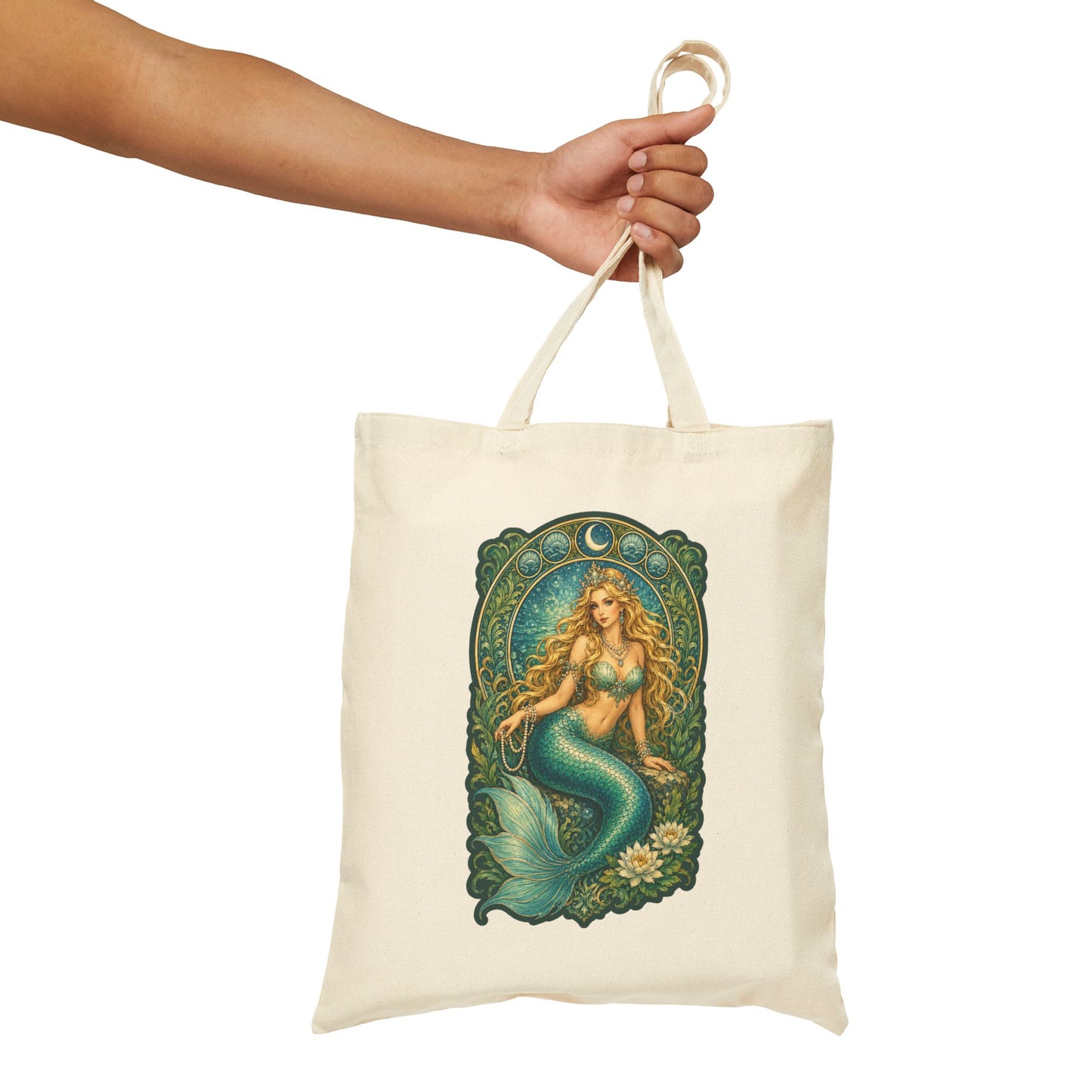 Mermaid Moon Canvas Tote Bag – Vintage Art Nouveau Sea Goddess Tote