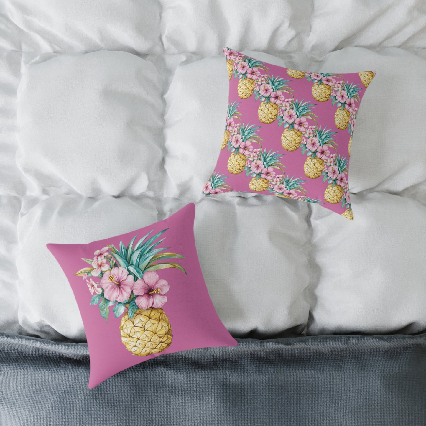 Pineapple Hibiscus Square Pillow — Tropical Floral Decorative Throw Pillow