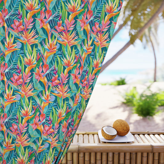 Teal Tropical Floral Curtain — Vibrant Bird of Paradise Window Panel
