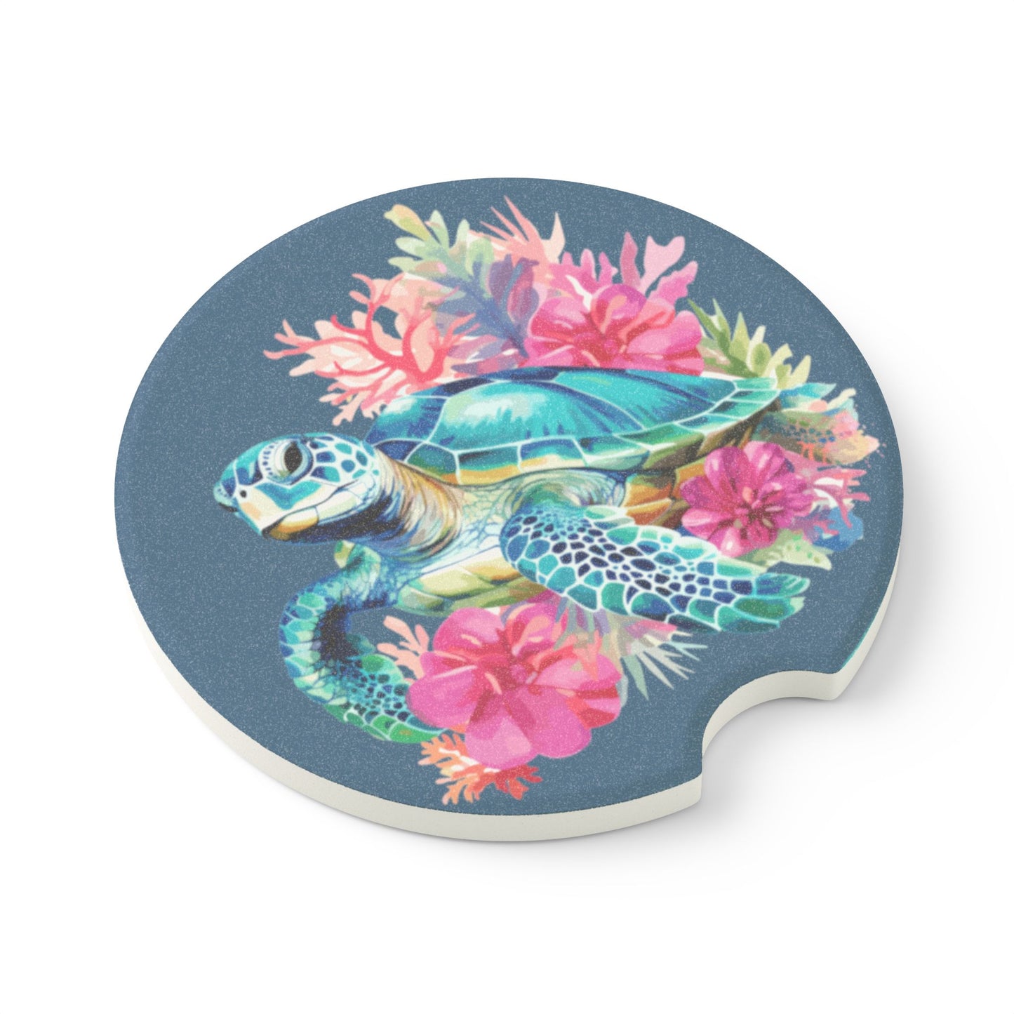 Sea Turtle Car Coaster — Coastal Floral Soapstone Cup Holder Insert