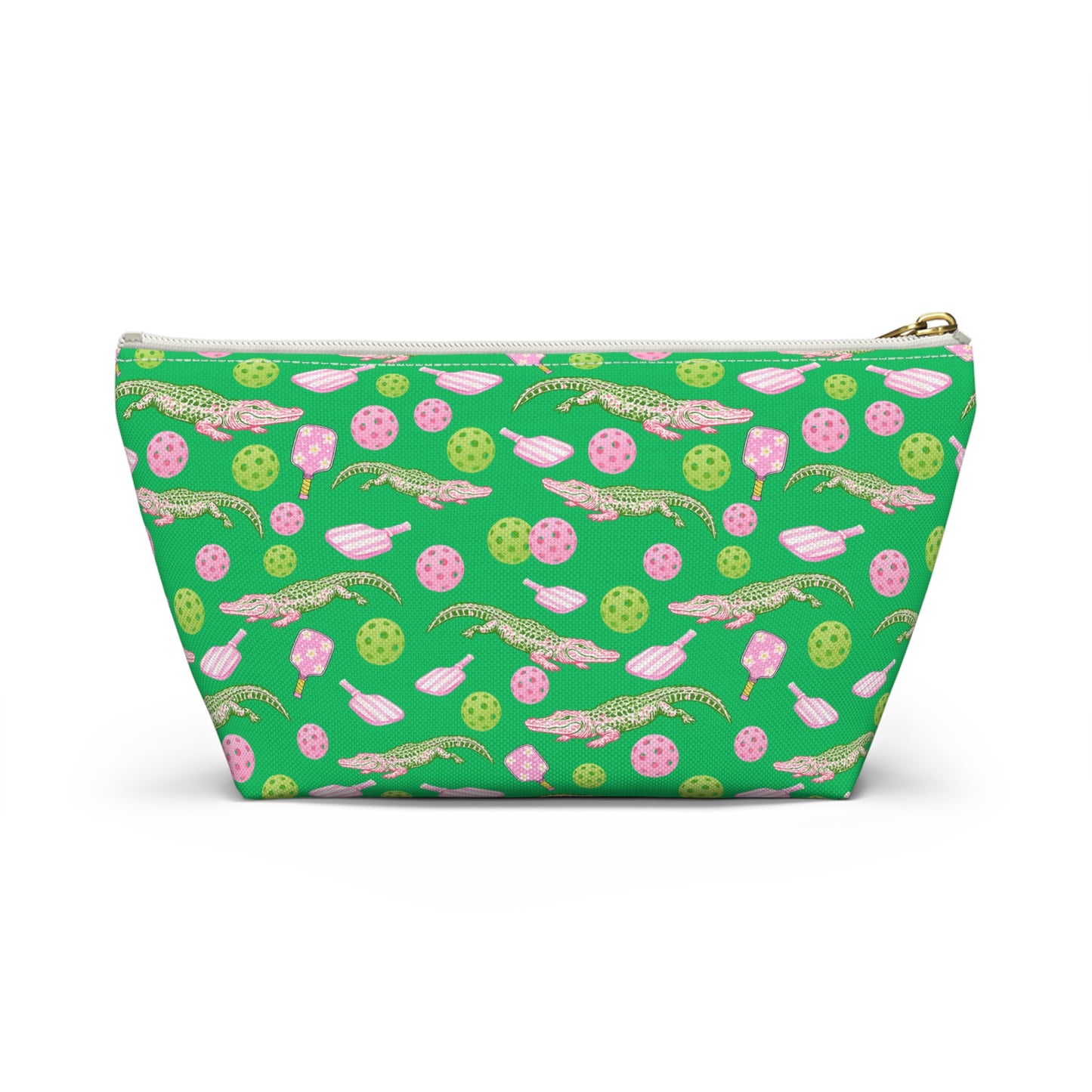 Alligator & Pickleball Paddle Pattern Accessory Pouch — Green T‑Bottom Cosmetic Bag
