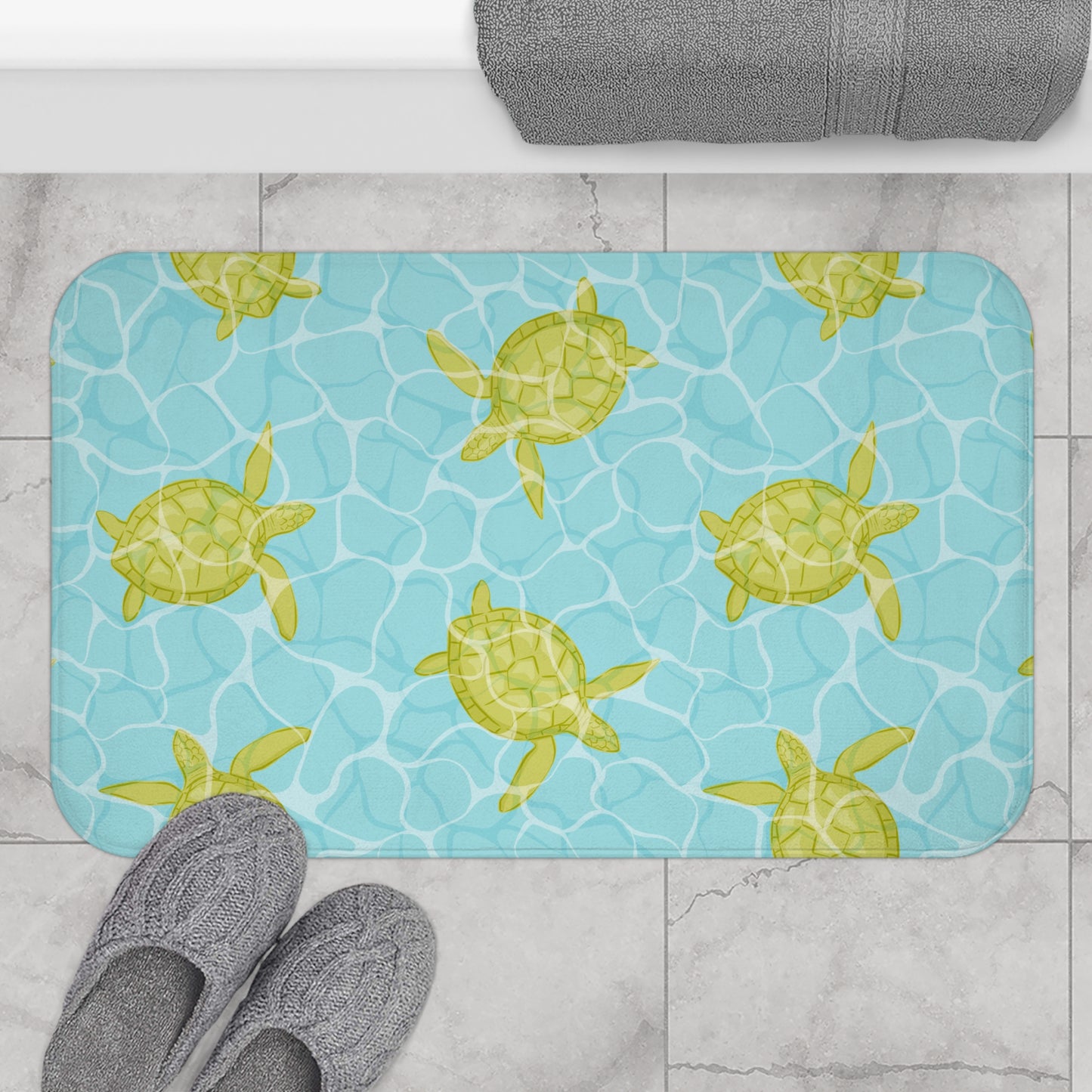Sea Turtle Bath Mat — Tropical Pool Pattern, Coastal Bathroom Accent
