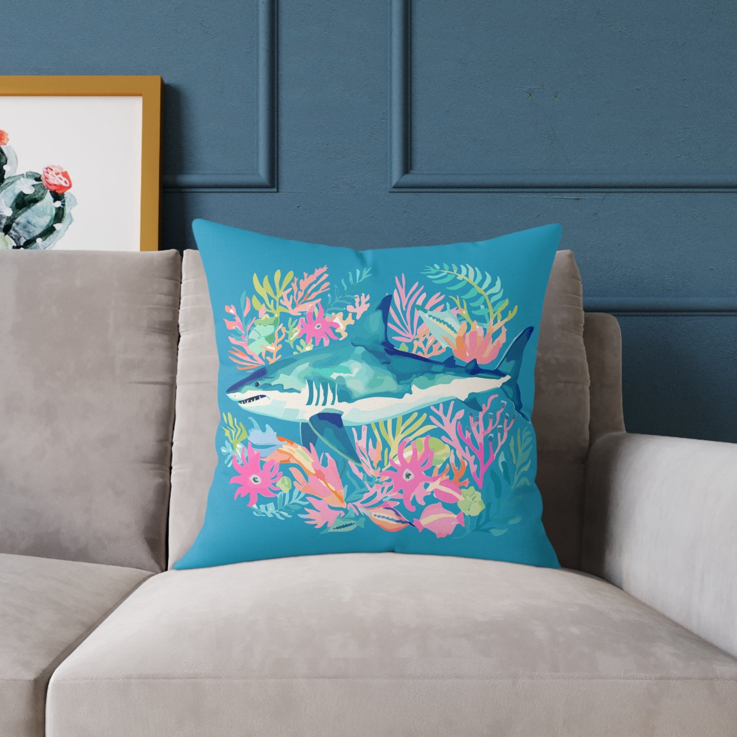 Shark Coral Square Throw Pillow — Tropical Ocean Floral Decorative Cushion