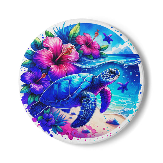 Sea Turtle Hibiscus Ceramic Coaster — Tropical Ocean Beach Drink Coaster