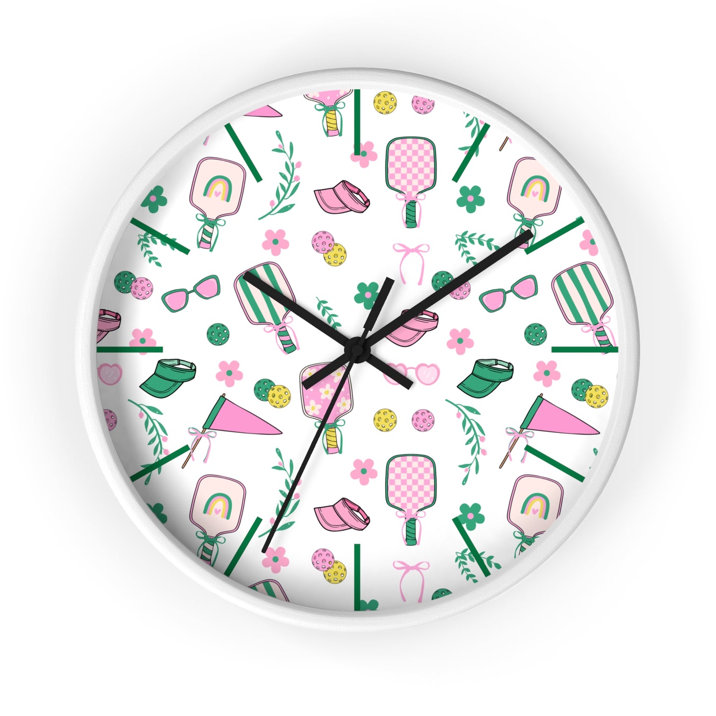 Preppy Pickleball Pattern Wall Clock – Cute Pink & Green Paddle Design