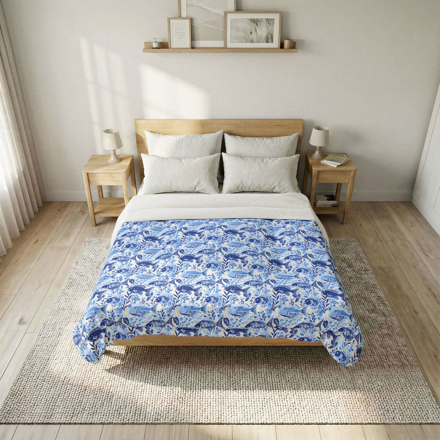 Blue Watercolor Fish Comforter — Lightweight Cotton Bedspread with Chinoiserie Style Floral Pattern
