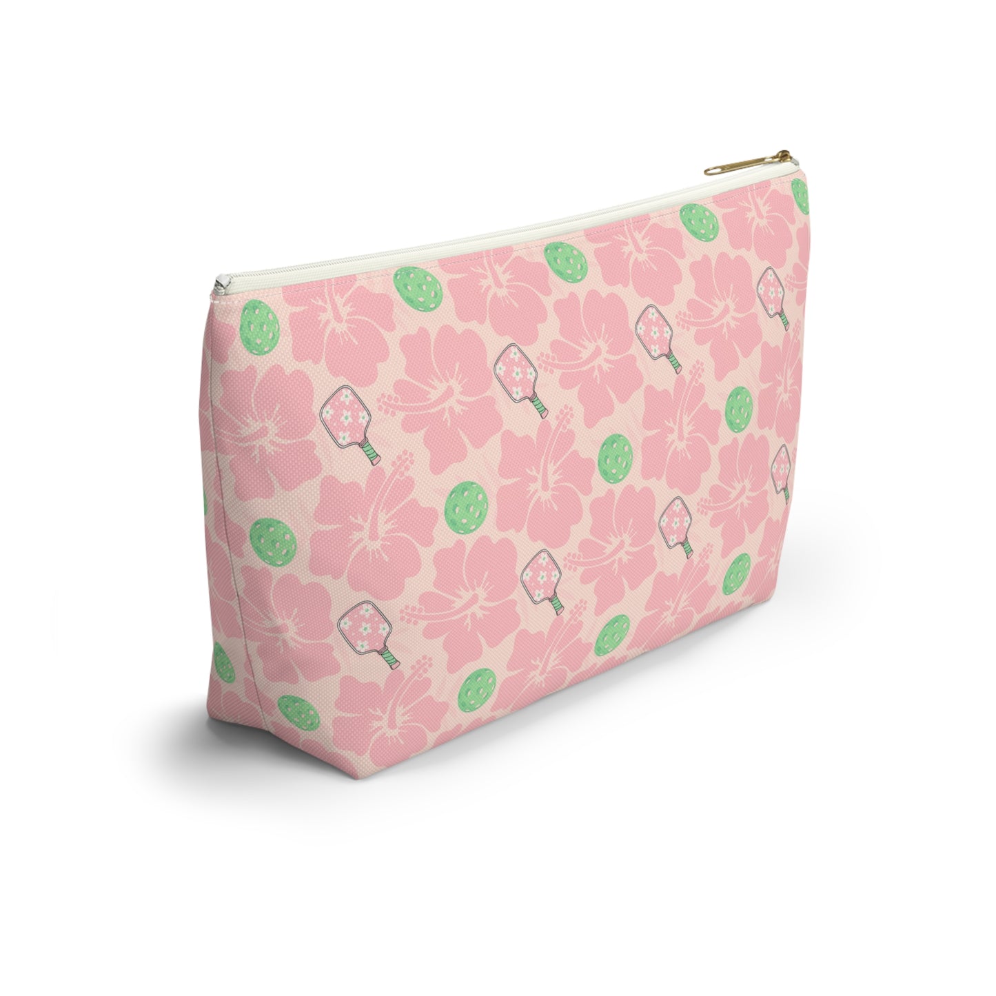 Pink Floral Pickleball Accessory Pouch — T‑Bottom Makeup Bag with Green Accents